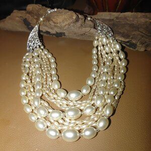 Elegant Multi-Strand Faux Pearl Necklace With Intricate Silver-Tone Clasps Adjus